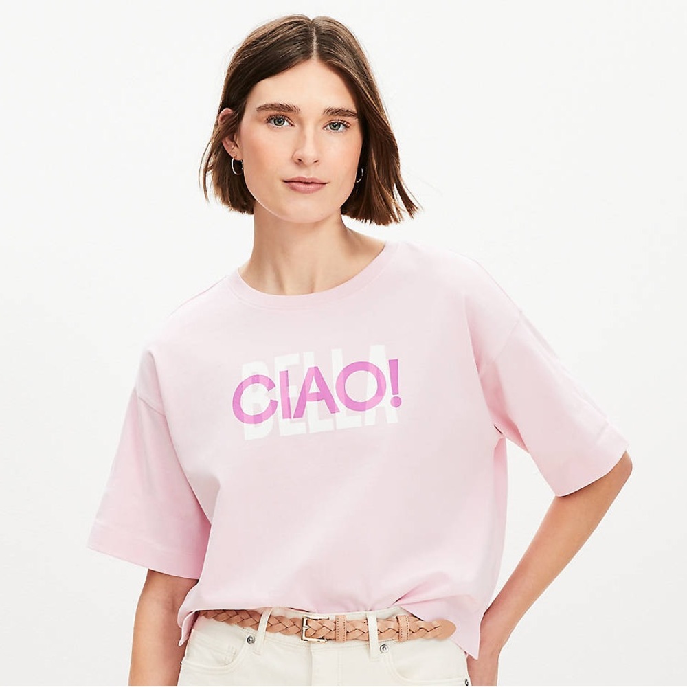 LOFT NWT L Ciao! Bella Jersey Modern Tee in Posy Pink • Hello Beautiful Italian